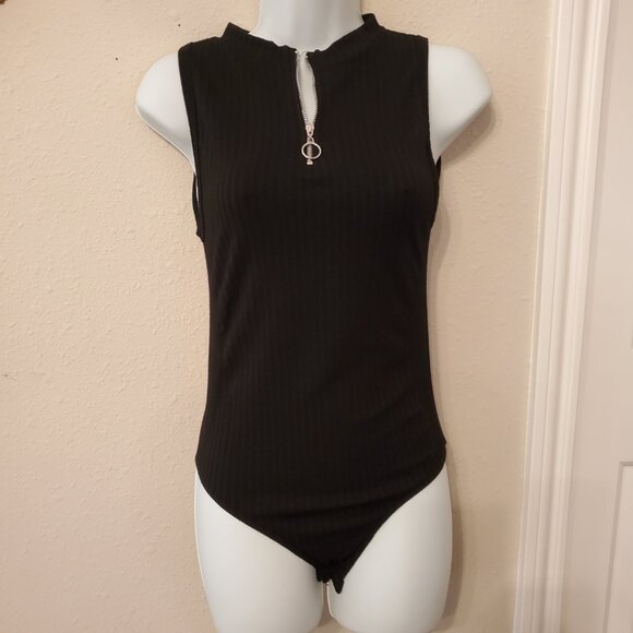 Women Sleeveless Knit Bodysuit Black Color 1/4 Zip up front closure. Mock Neck. - Picture 2 of 12